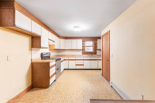 kitchen featuring white cabinets, stainless steel electric range, a sink, under cabinet range hood, and a baseboard heating unit