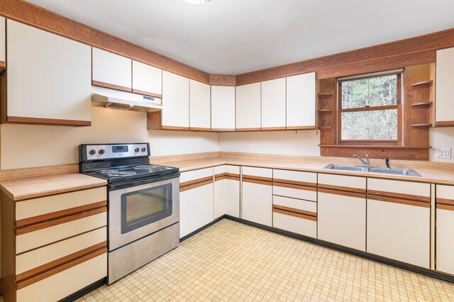 kitchen featuring open shelves, stainless steel range with electric stovetop, a sink, under cabinet range hood, and white cabinetry