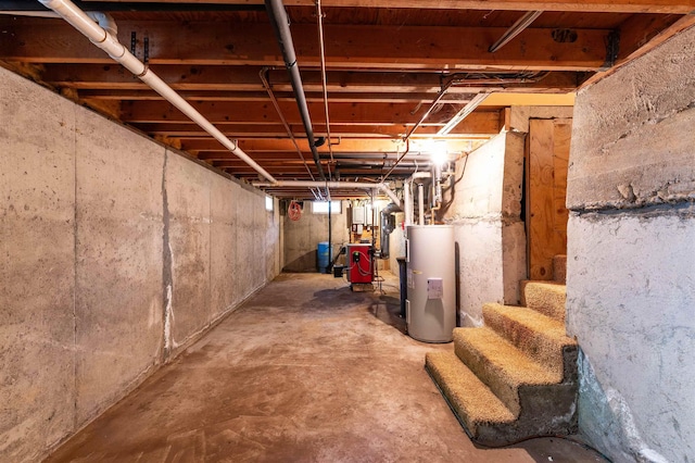 basement with water heater, stairway, and a heating unit