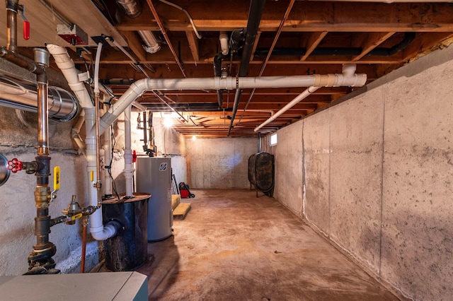 unfinished basement featuring heating fuel and water heater
