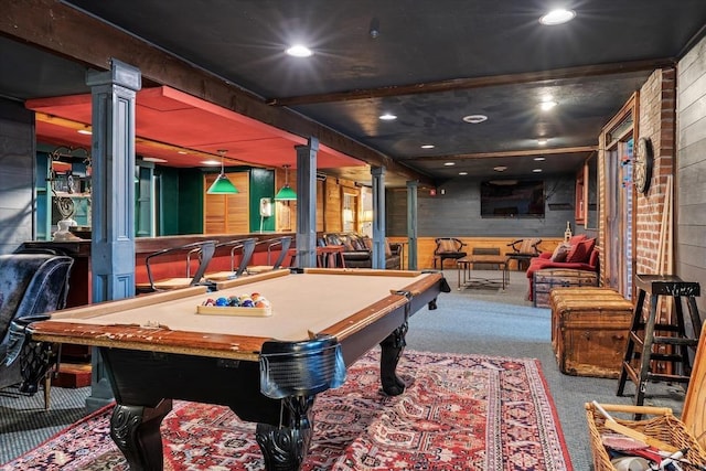 game room featuring billiards, decorative columns, recessed lighting, and carpet floors