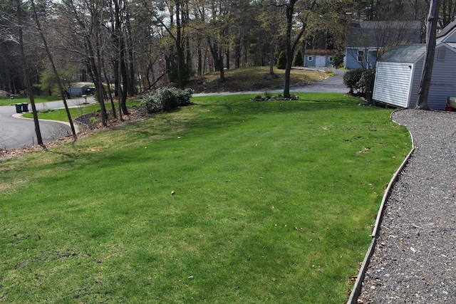 view of yard with an outdoor structure, aphalt driveway, and a storage shed