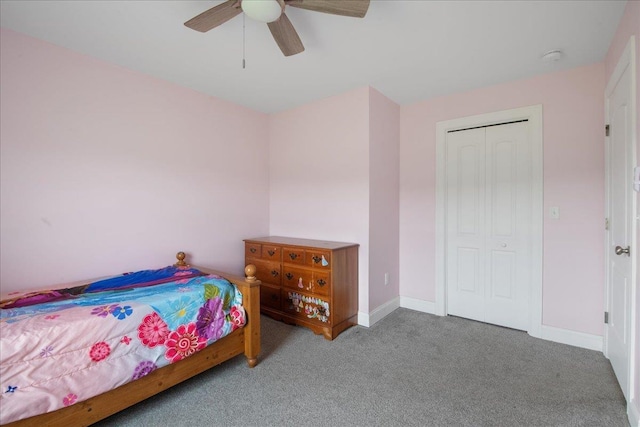 bedroom with carpet flooring, ceiling fan, and baseboards