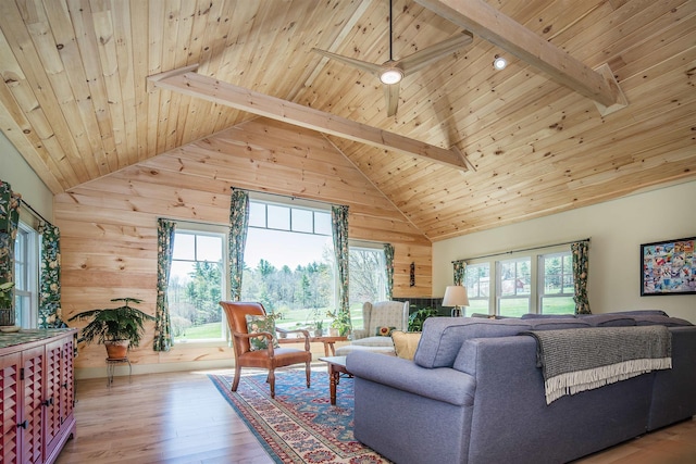 living room with high vaulted ceiling, wooden walls, wooden ceiling, and beamed ceiling