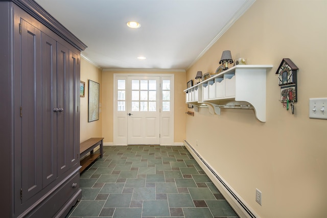 mudroom featuring ornamental molding, baseboards, stone finish floor, recessed lighting, and a baseboard heating unit