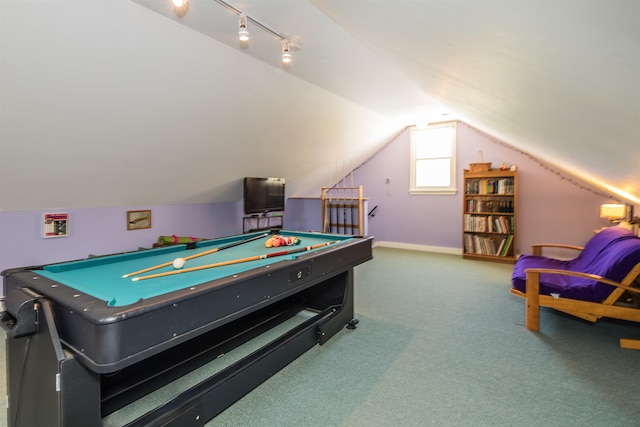 rec room with track lighting, carpet, baseboards, billiards, and vaulted ceiling