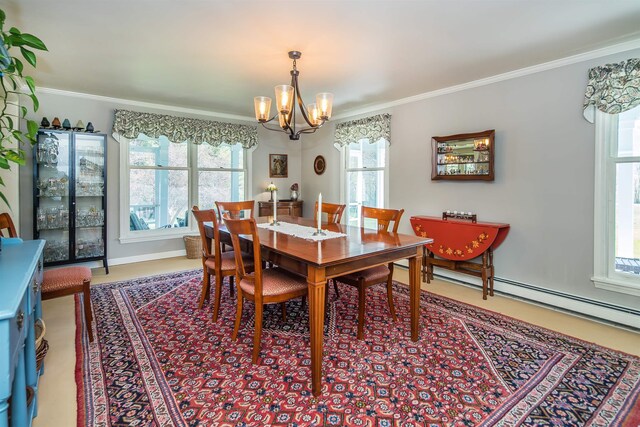 dining room featuring baseboards, an inviting chandelier, ornamental molding, and a baseboard radiator