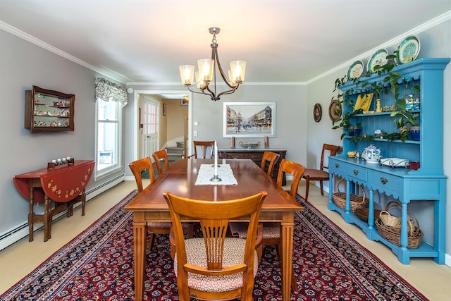 dining space with crown molding, baseboards, baseboard heating, stairway, and a notable chandelier
