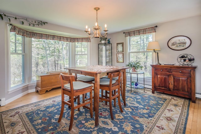dining area with wood finished floors and a chandelier