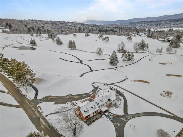 snowy aerial view with a mountain view