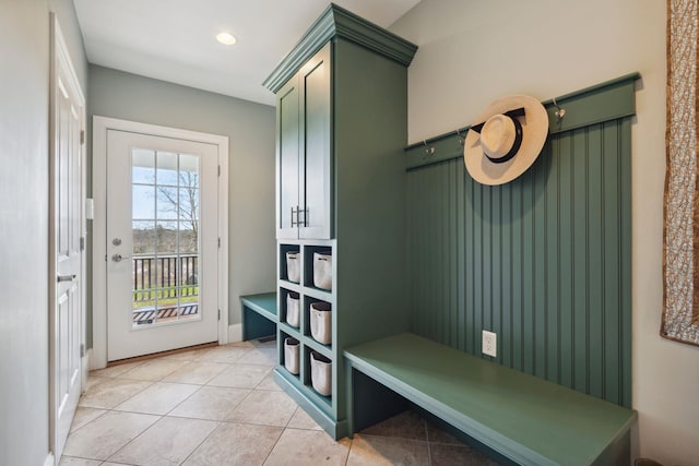 mudroom featuring light tile patterned floors and recessed lighting
