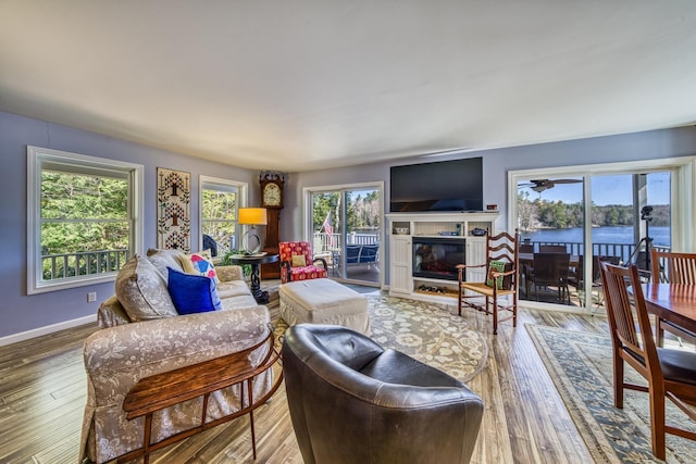 living room with baseboards, a glass covered fireplace, and wood finished floors