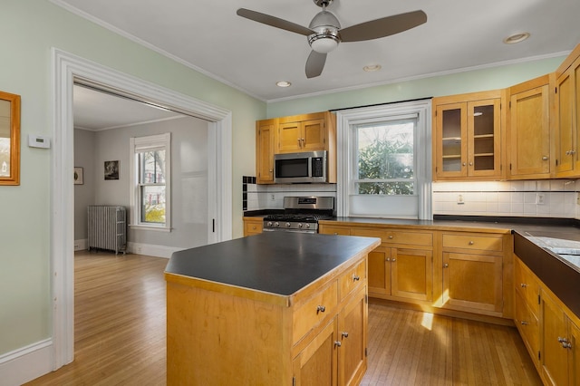 kitchen featuring radiator, tasteful backsplash, stainless steel appliances, and light wood-style flooring