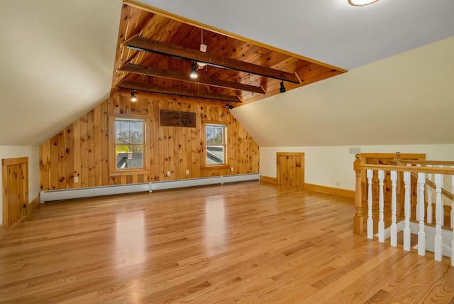 bonus room featuring wooden walls, lofted ceiling with beams, baseboards, wood finished floors, and a baseboard radiator