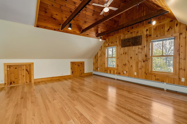 bonus room with wood ceiling, vaulted ceiling with beams, and wood finished floors