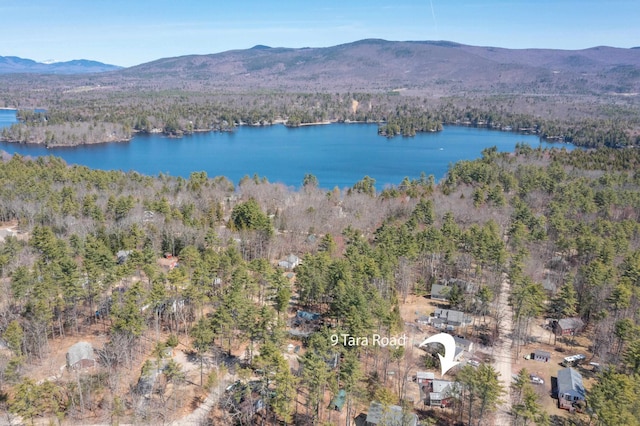 aerial view with a water and mountain view and a wooded view