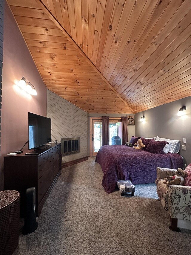 carpeted bedroom with wood ceiling, access to outside, and vaulted ceiling