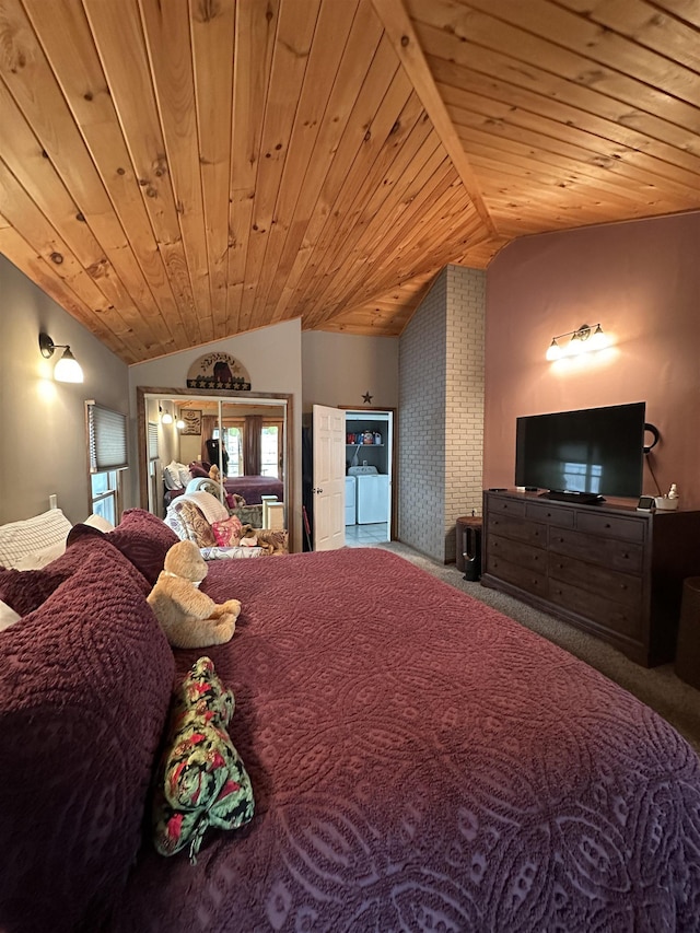 carpeted bedroom featuring vaulted ceiling and wooden ceiling