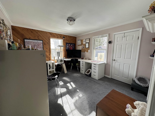 office space featuring wood walls, ornamental molding, baseboards, and dark colored carpet