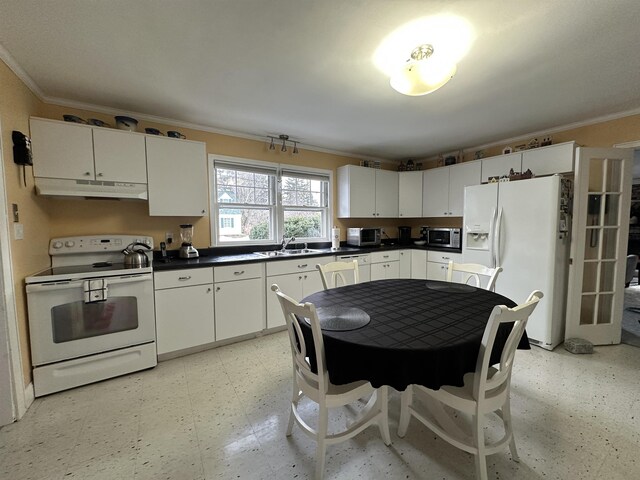 kitchen with crown molding, white appliances, light floors, under cabinet range hood, and a sink