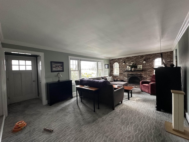 living room with carpet flooring, ornamental molding, and plenty of natural light