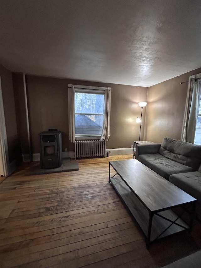 living area featuring baseboards, radiator heating unit, a wood stove, and hardwood / wood-style floors