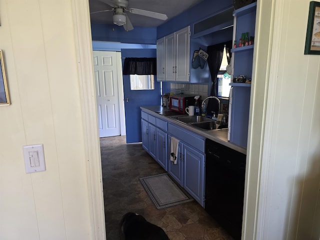 kitchen featuring open shelves, a ceiling fan, black dishwasher, a sink, and blue cabinetry