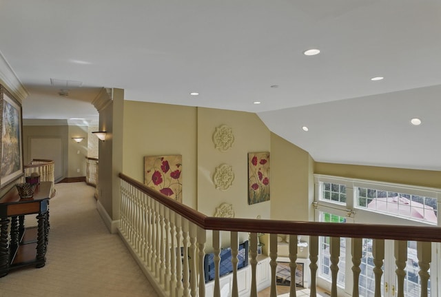 7 Champagne Ter, Bedford, NH 03110 - corridor with light colored carpet, recessed lighting, vaulted ceiling, and an upstairs landing