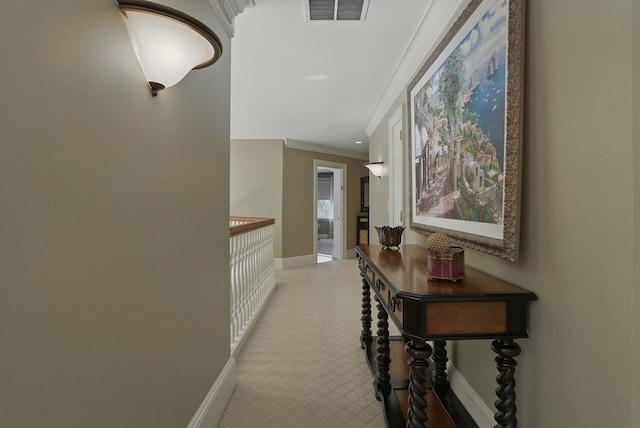 7 Champagne Ter, Bedford, NH 03110 - hall with baseboards, ornamental molding, visible vents, and light colored carpet