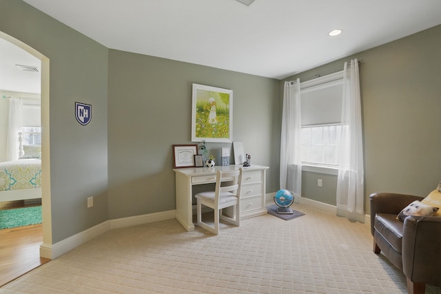 7 Champagne Ter, Bedford, NH 03110 - home office featuring carpet floors, visible vents, baseboards, recessed lighting, and arched walkways