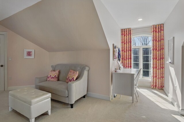 7 Champagne Ter, Bedford, NH 03110 - living area featuring carpet floors, baseboards, vaulted ceiling, and recessed lighting