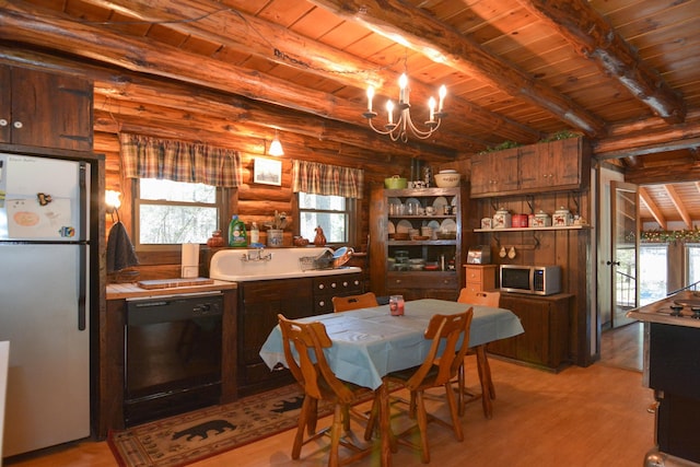 dining area with an inviting chandelier, wooden ceiling, beam ceiling, and light wood-style floors