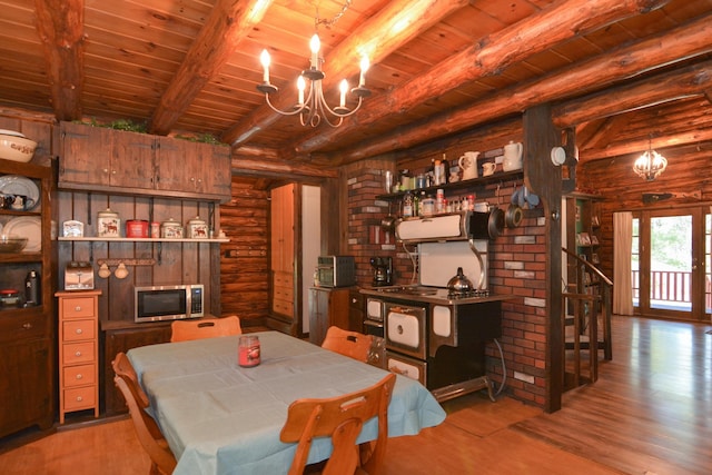 dining room featuring an inviting chandelier, wooden ceiling, wood finished floors, beamed ceiling, and log walls