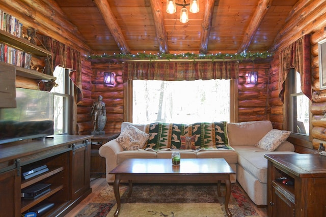 living room with vaulted ceiling with beams, wood ceiling, rustic walls, and wood finished floors