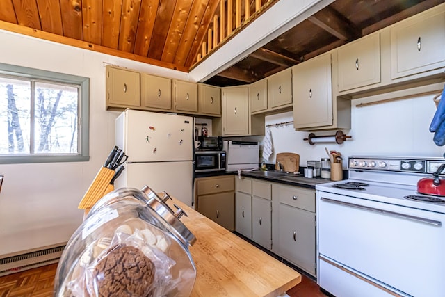 kitchen featuring butcher block counters, white appliances, a baseboard radiator, wood ceiling, and a sink