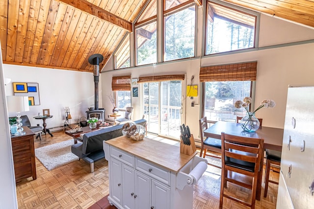 kitchen with a wood stove, beam ceiling, high vaulted ceiling, wood ceiling, and white cabinets