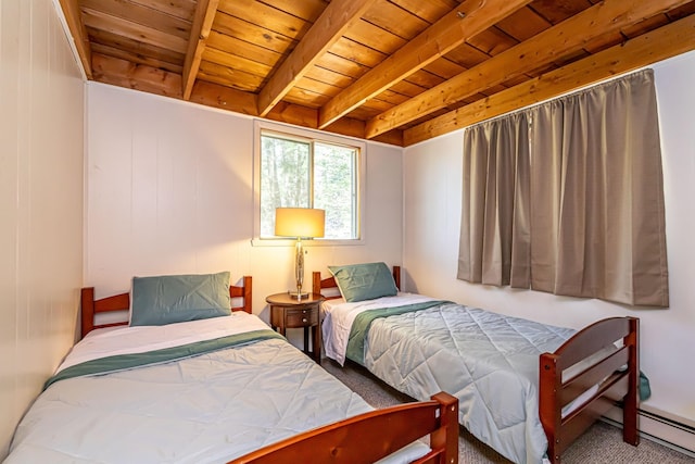 bedroom with carpet, wood ceiling, beam ceiling, and a baseboard radiator
