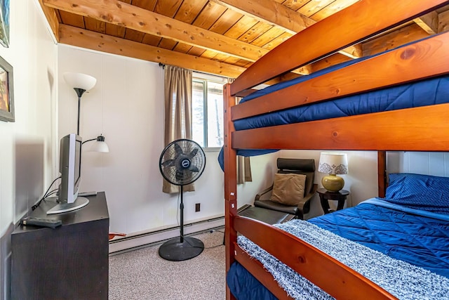 carpeted bedroom with wood ceiling, beamed ceiling, and a baseboard heating unit