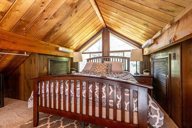 bedroom with wooden walls, vaulted ceiling, wooden ceiling, and carpet