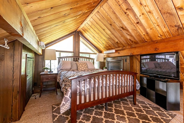 carpeted bedroom with vaulted ceiling, wooden walls, and wooden ceiling
