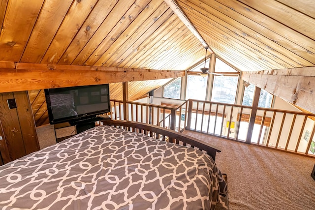 bedroom featuring wooden ceiling, carpet floors, multiple windows, and lofted ceiling