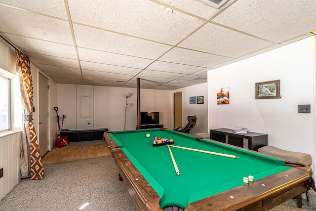 playroom with pool table, a paneled ceiling, and carpet