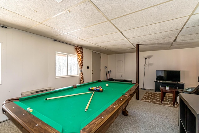 recreation room featuring carpet floors, a drop ceiling, and pool table
