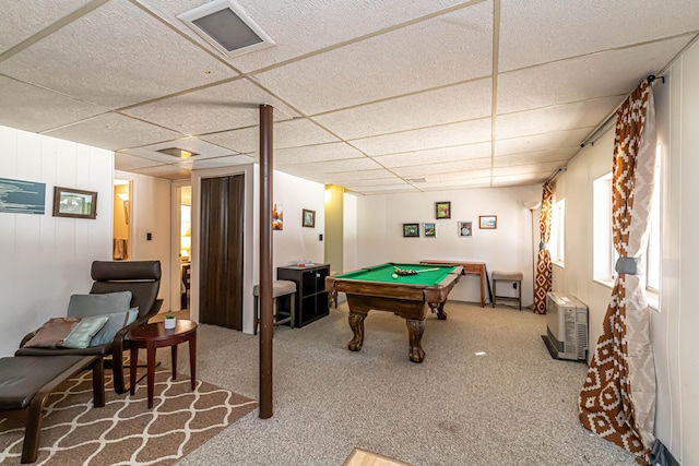 playroom featuring carpet flooring, a drop ceiling, and pool table