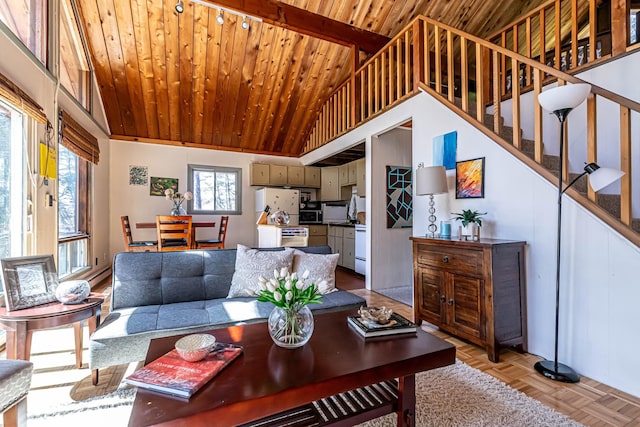 living room with stairs, lofted ceiling, and wood ceiling
