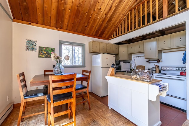 kitchen with wooden ceiling, baseboard heating, vaulted ceiling, and white appliances