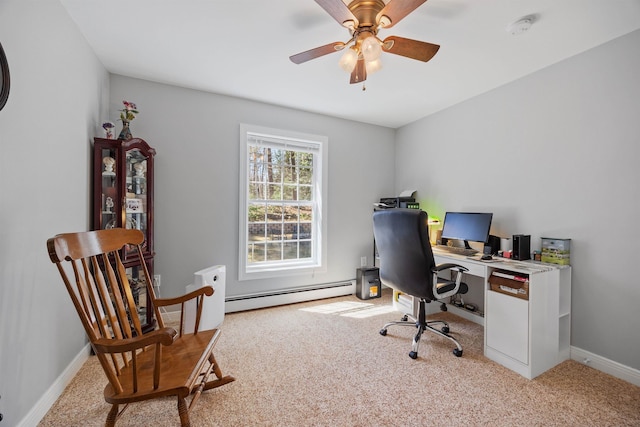 office area featuring baseboards, a ceiling fan, baseboard heating, and light carpet
