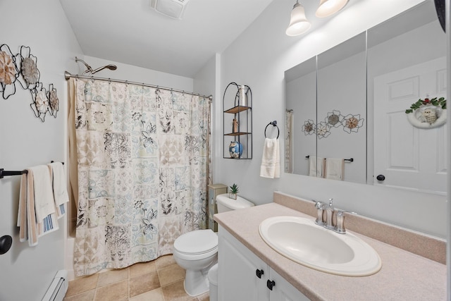full bath with toilet, visible vents, a shower with shower curtain, and vanity