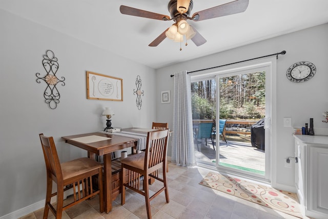 dining area with baseboards and a ceiling fan
