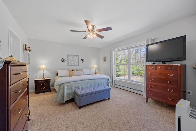 bedroom with a baseboard radiator, ceiling fan, and light carpet